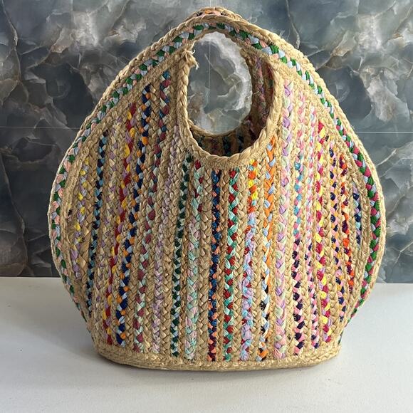 Anthropologie Antik Kraft Woven Jute Straw Recycled Fabric Handbag Multicolored - Picture 1 of 13